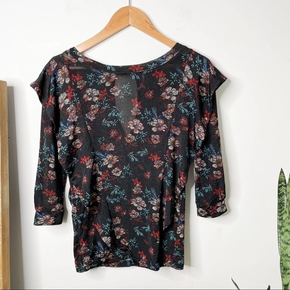 Free People Black Floral Blouse with ruffle overlay size XS Dock Street Top - Picture 3 of 9